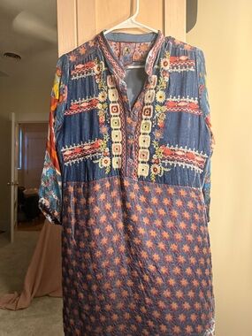 Johnny Was Blue Embroidered Casual Button-Down Shirt